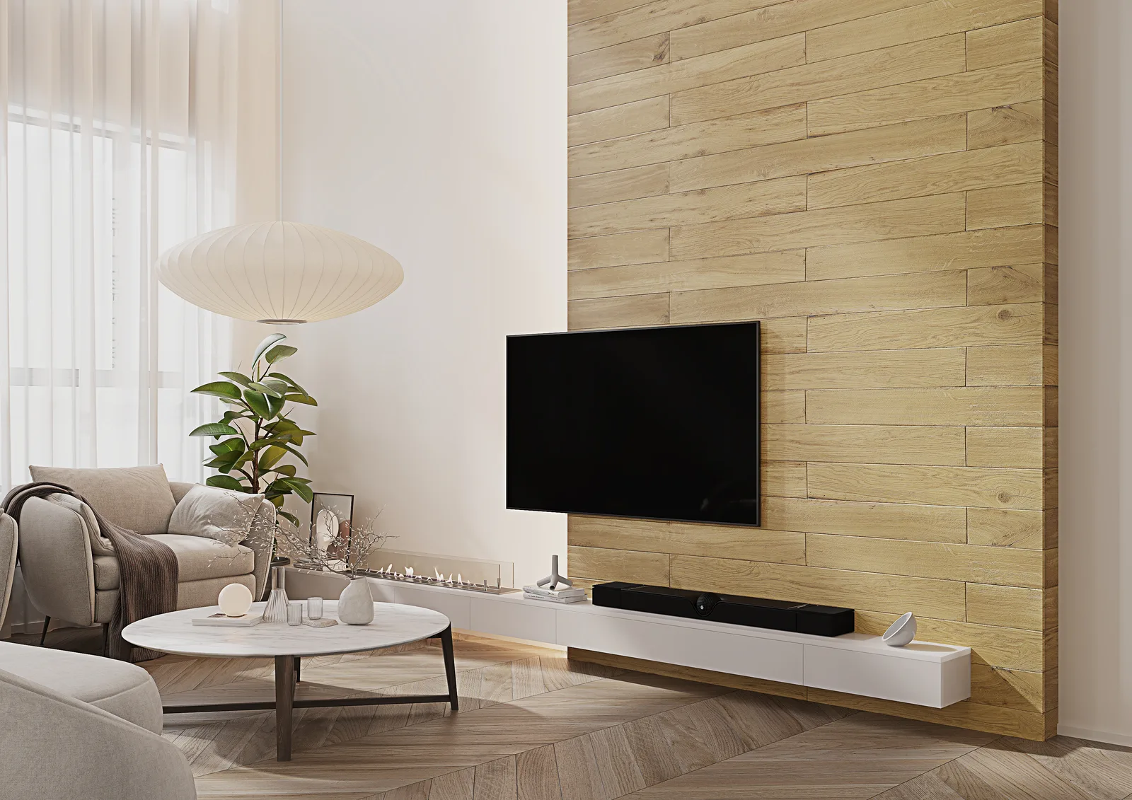 Wohnzimmer mit heller Eichen-Wandverkleidung hinter dem TV