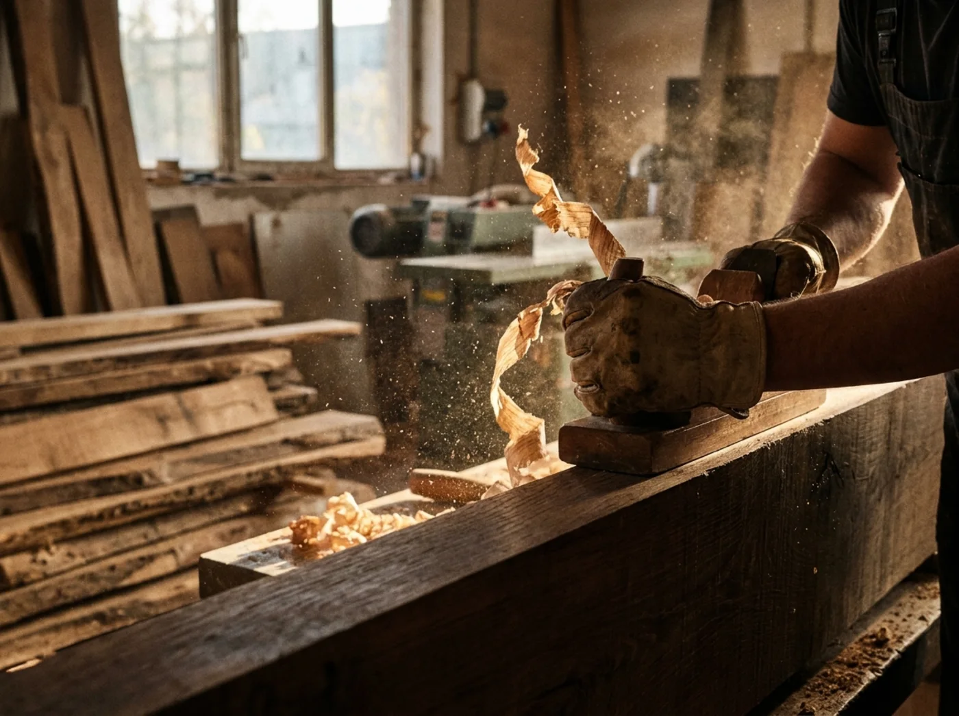 Handwerker hobelt eine massive Eichenbohle in der A8P Manufaktur